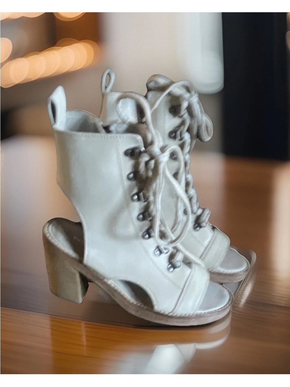Lace-Up Open-Toe Heeled Boots in Cream